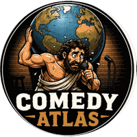Cartoon Atlas straining under the weight of the globe while gripping a stand-up mic, the COMEDY ATLAS badge logo