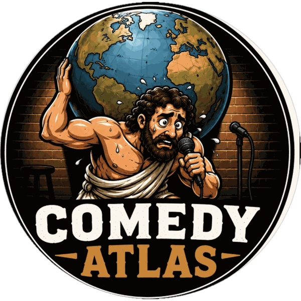 Cartoon Atlas straining under the weight of the globe while gripping a stand-up mic, the COMEDY ATLAS badge logo